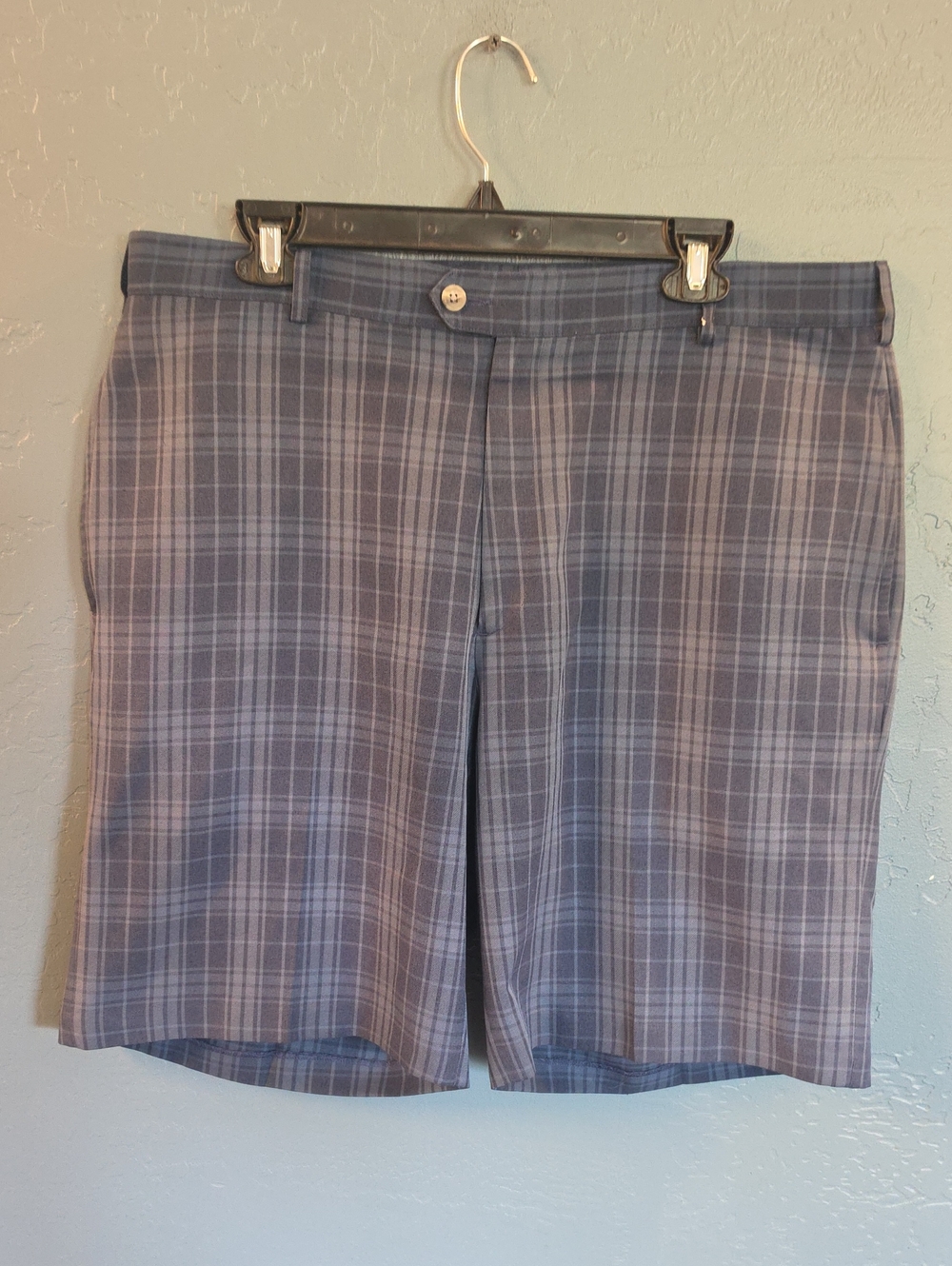 Men's Blue Plaid Flat-Front Shorts